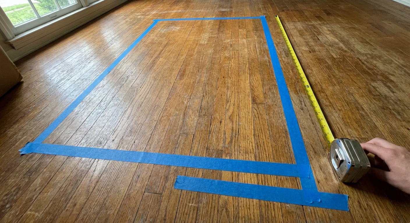 床に青いペインターテープを貼って、ビリヤード台の配置と寸法を可視化する。.