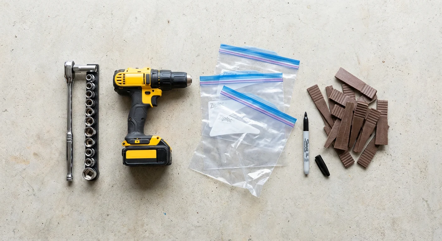 Инструменты, необходимые для разборки бильярдного стола, включая торцевой ключ и прокладки из композитных материалов.