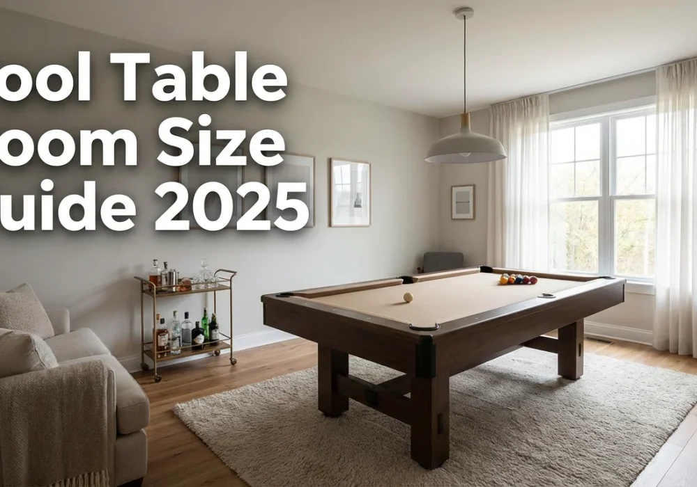 Hướng dẫn kích thước phòng bàn bi-a - Hero Phòng giải trí hiện đại với bàn bi-a, minh họa kích thước phòng và khoảng trống phù hợp.